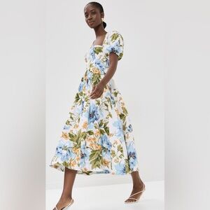 Reformation Marbella Floral Midi Linen A-Line Dress Botanist Puff Sleeve Size 8